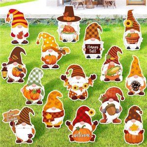 15 Pieces Fall Yard Sign Thanksgiving Gnome Yard Stake Elf Corrugated Lawn Sign